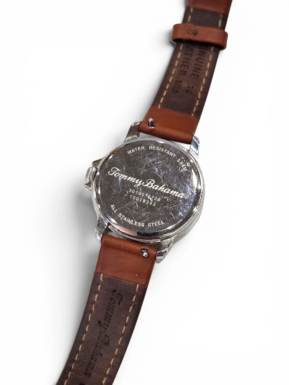 Tommy Bahama Watch Silver Sunburst Dial Brown Genuine Leather Strap 16mm